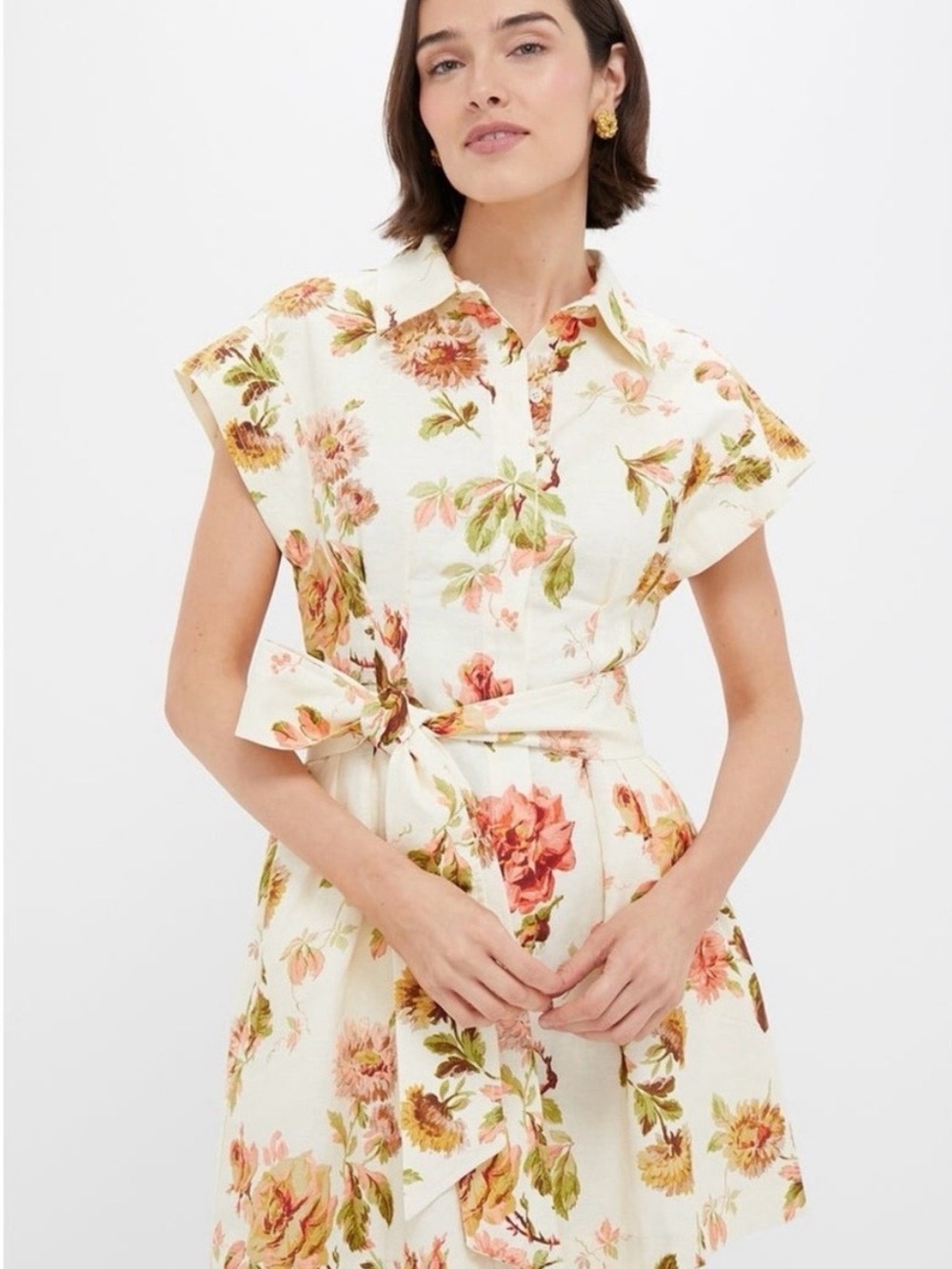Tuckernuck Floral Tie-Waist Button-Down Dress in Cream, Pink and Green